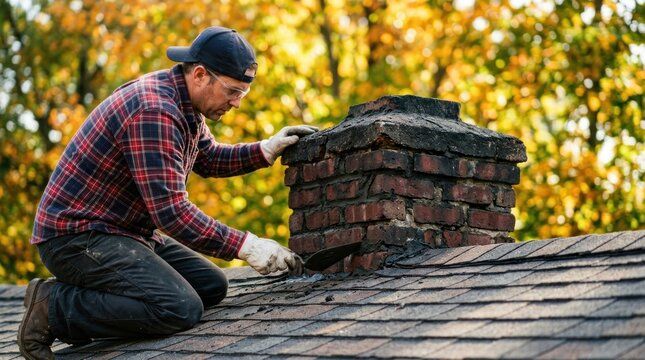 Mason rebuilding a weathered brick chimney against autumn foliage