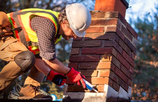 Technician in safety vest sealing chimney flashing at the roofline