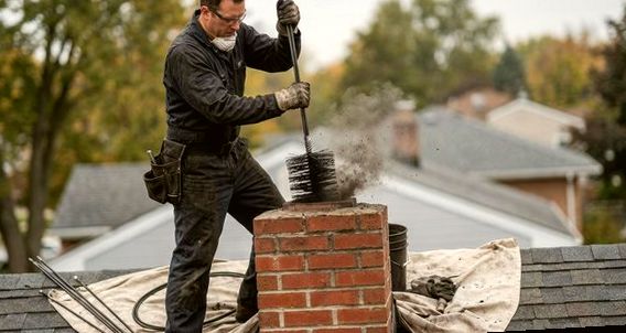 Masked sweep driving a rod brush as soot dust lifts from the flue
