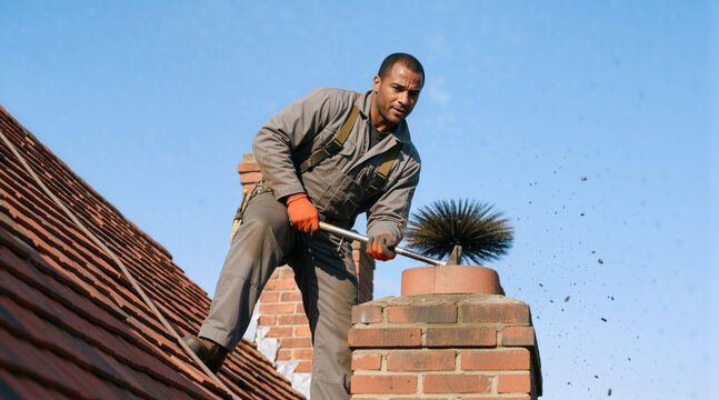 Sweep brushing a red clay pot against a blue Old Bridge sky