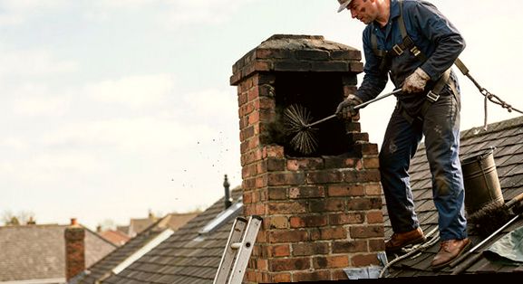 Helmeted sweep brushing a heavily sooted brick stack
